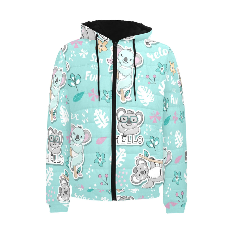 Cute koalas blue background pattern Men's Padded Hooded Jacket
