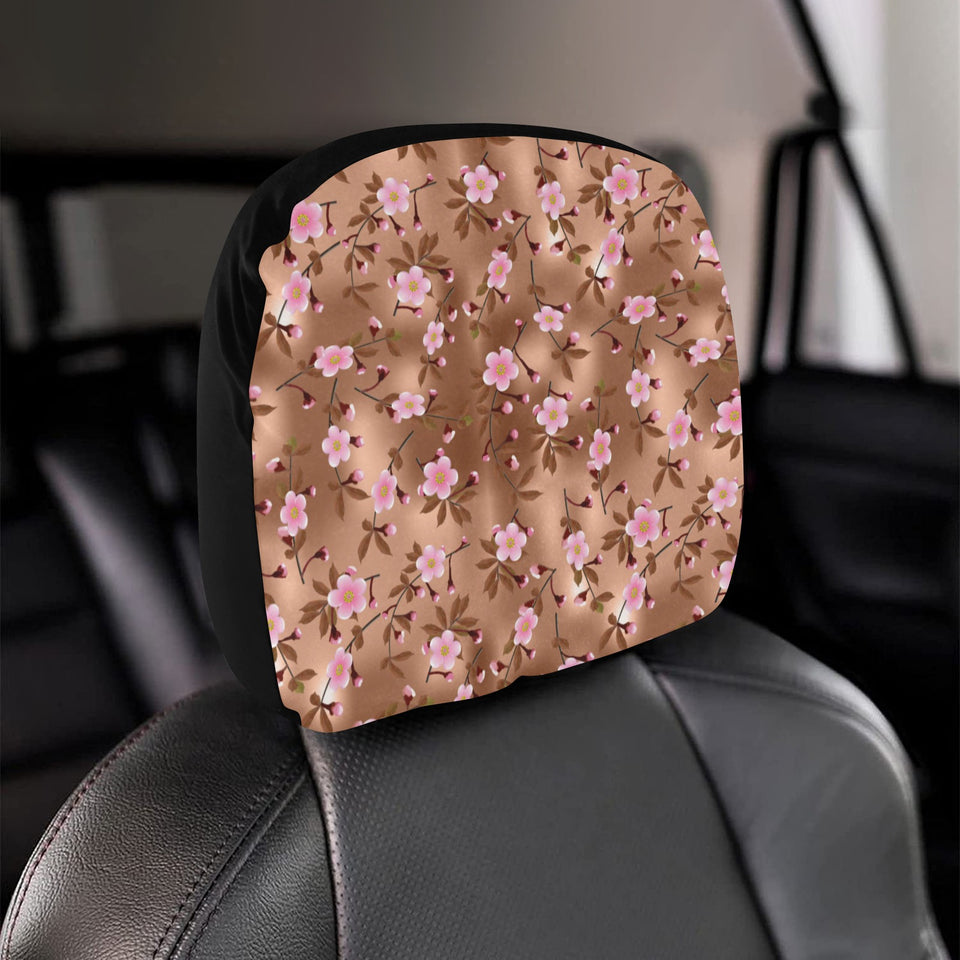 Pink sakura cherry blossom drak brown background Car Headrest Cover