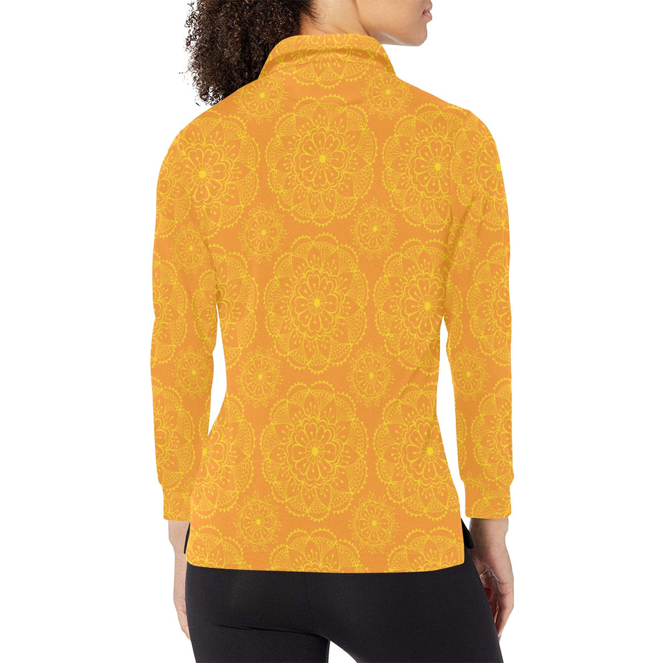 Orange traditional indian element pattern Women's Long Sleeve Polo Shirt