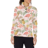 Pink flamingo birds pineapples hibiscus flower pat Women's Long Sleeve Polo Shirt