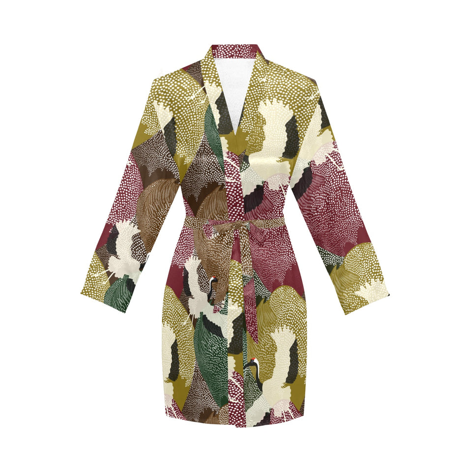 Japanese cranes flying forest dot pattern Women's Long Sleeve Belted Night Robe