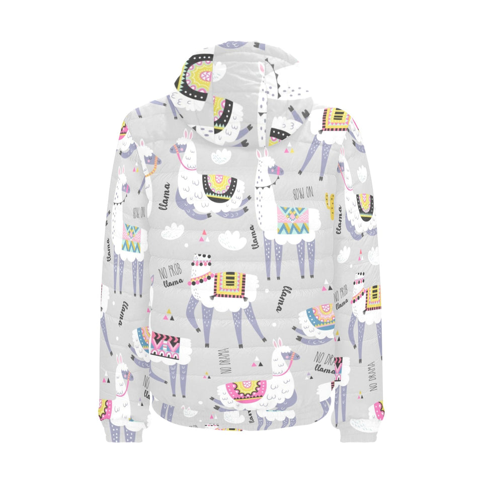 Cute Llama Alpaca pattern Men's Padded Hooded Jacket