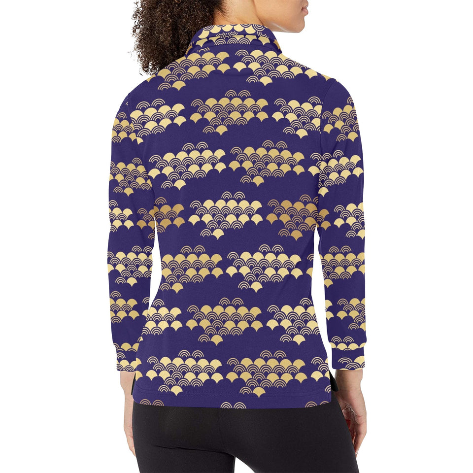 Beautiful japanese fan pattern Women's Long Sleeve Polo Shirt