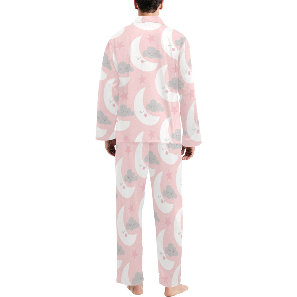 Cute moon cloud star pattern pink dot background Men's Long Pajama Set