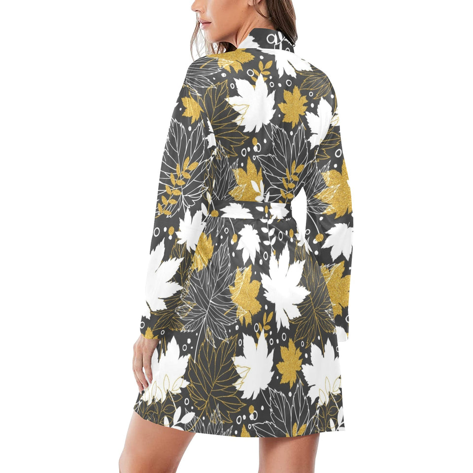Beautiful gold autumn maple leaf pattern Women's Long Sleeve Belted Night Robe