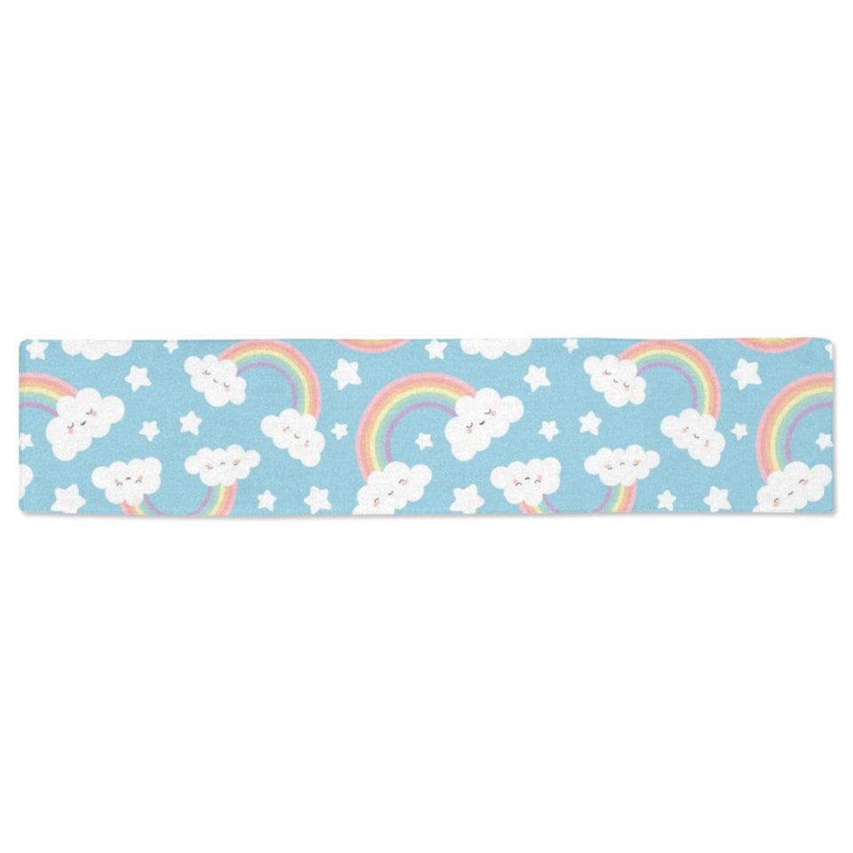 Cute rainbow clound star pattern blue background Table Runner