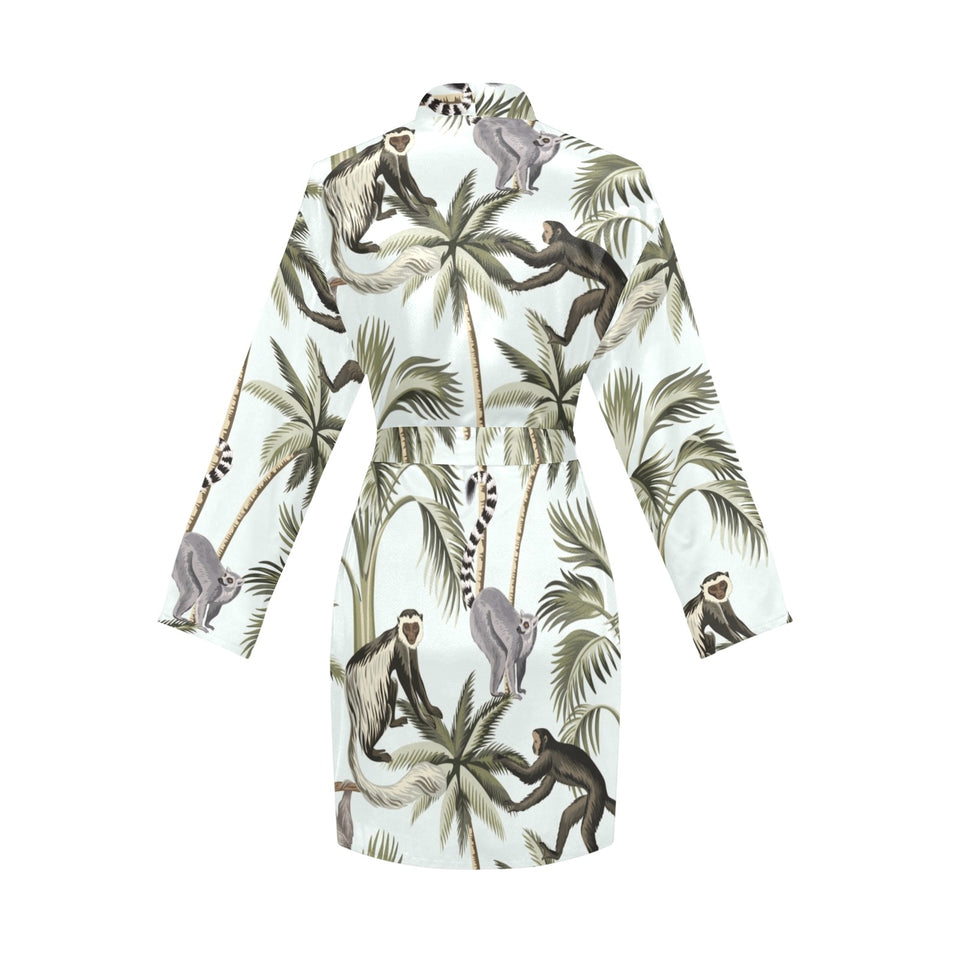 Monkey sloth lemur palm trees pattern Women's Long Sleeve Belted Night Robe