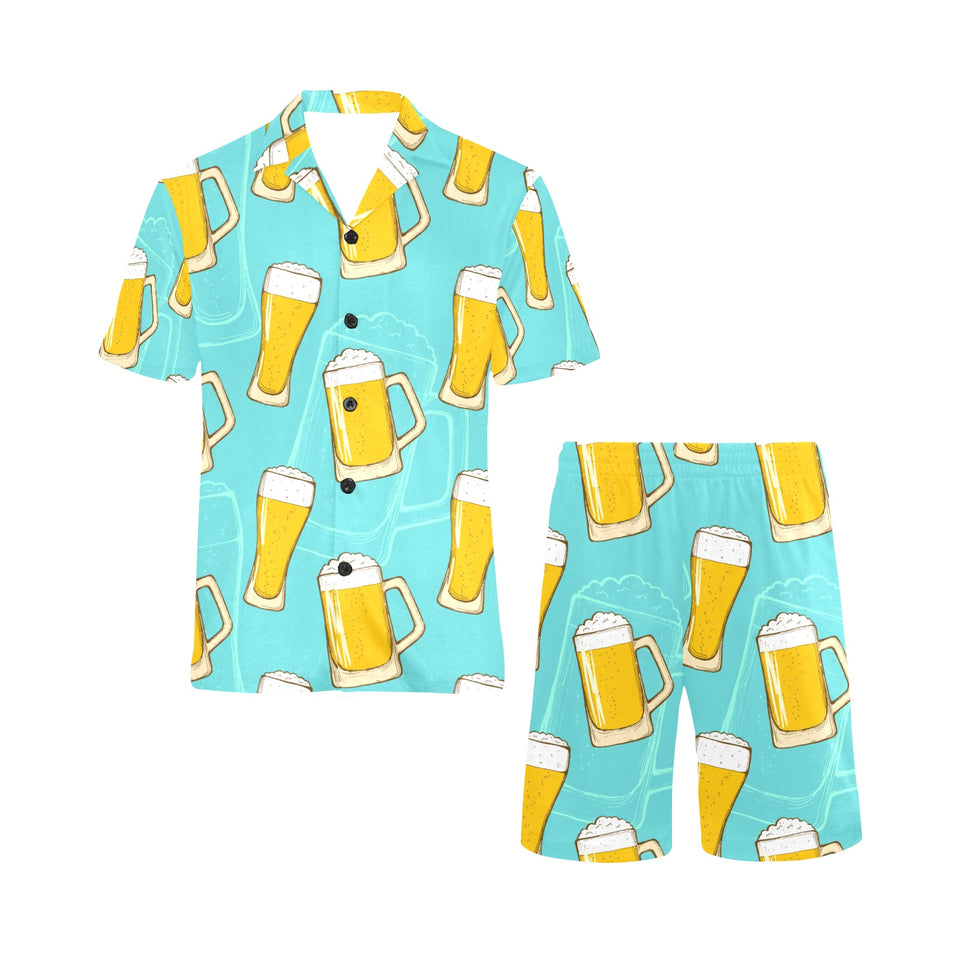 Beer pattern green background Men's V-Neck Short Pajama Set