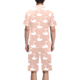 Swan flower light pink background Men's V-Neck Short Pajama Set
