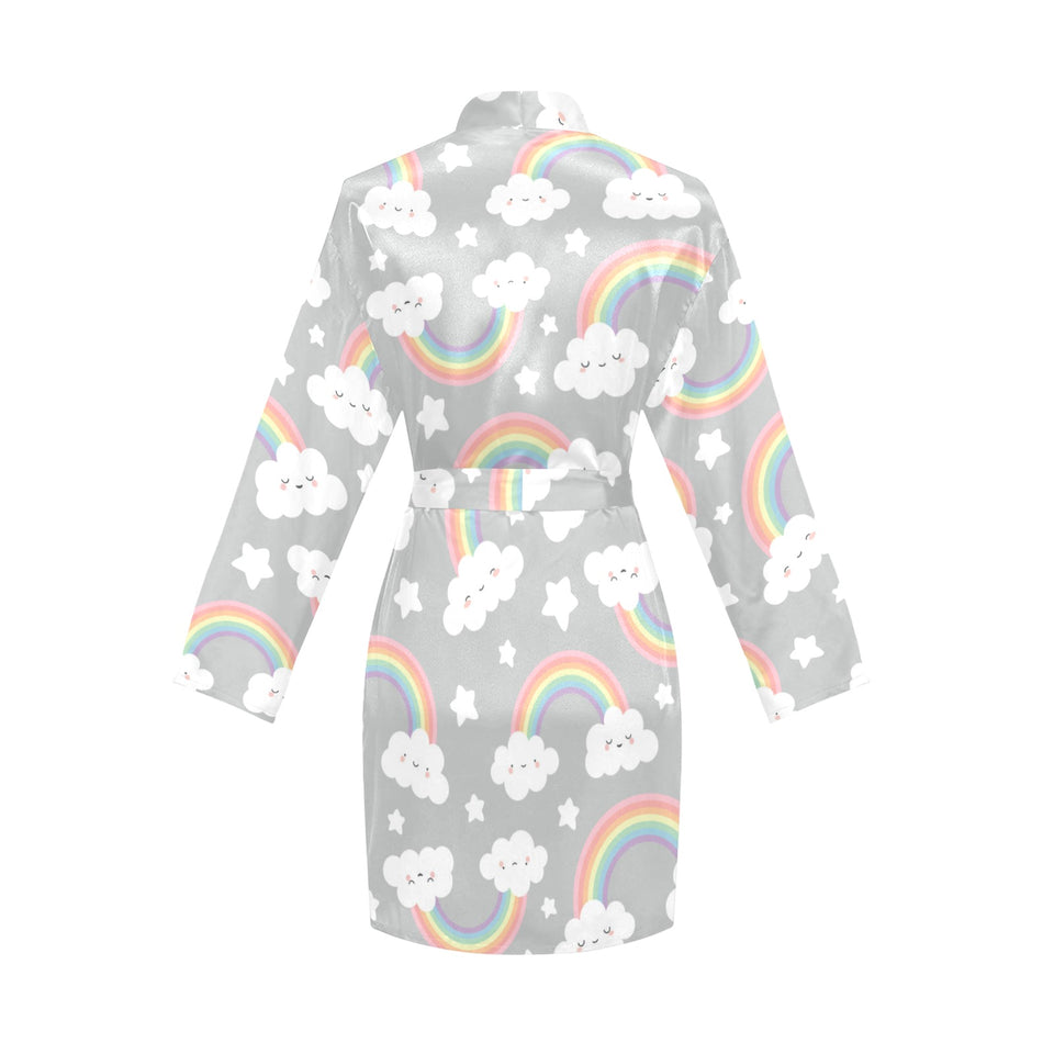 Cute rainbow clound star pattern Women's Long Sleeve Belted Night Robe