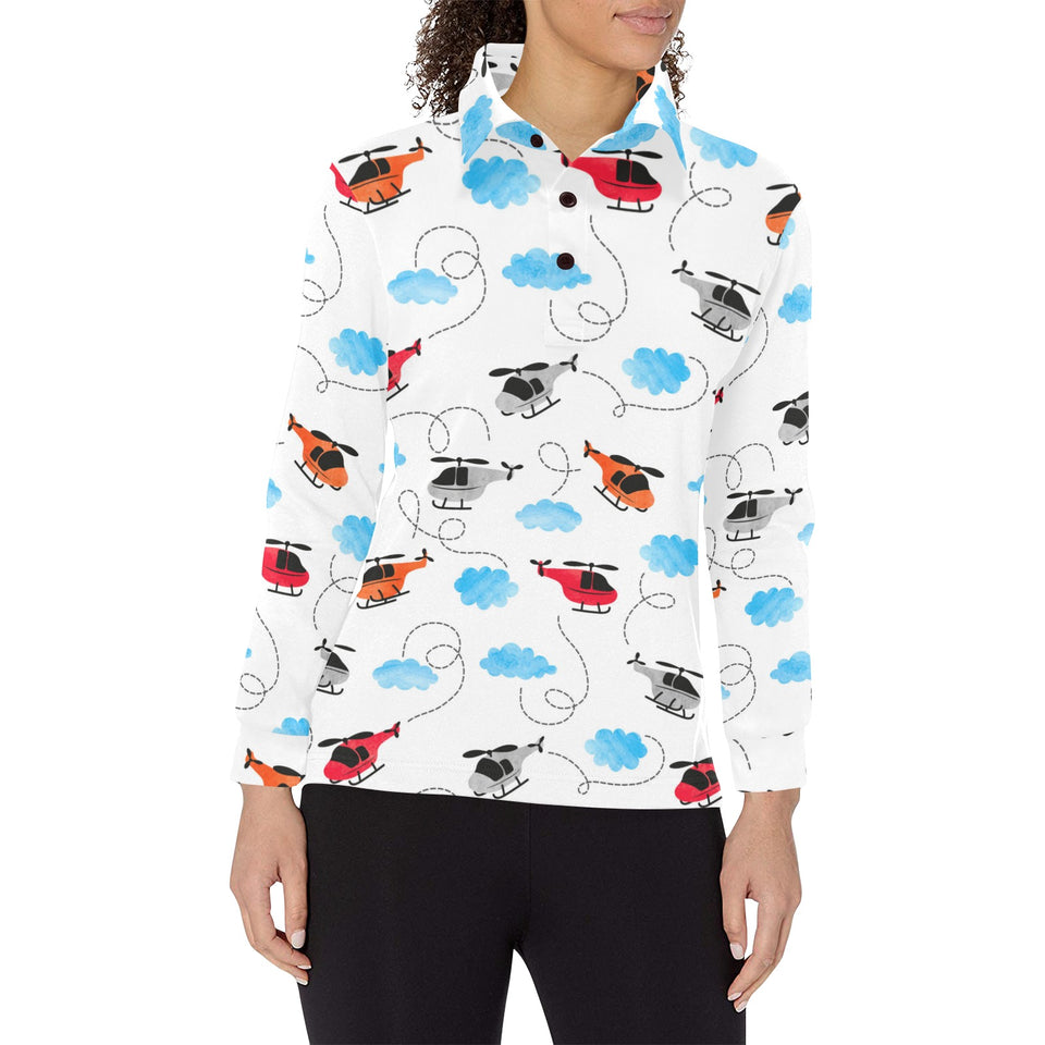 Watercolor helicopter cloud pattern Women's Long Sleeve Polo Shirt