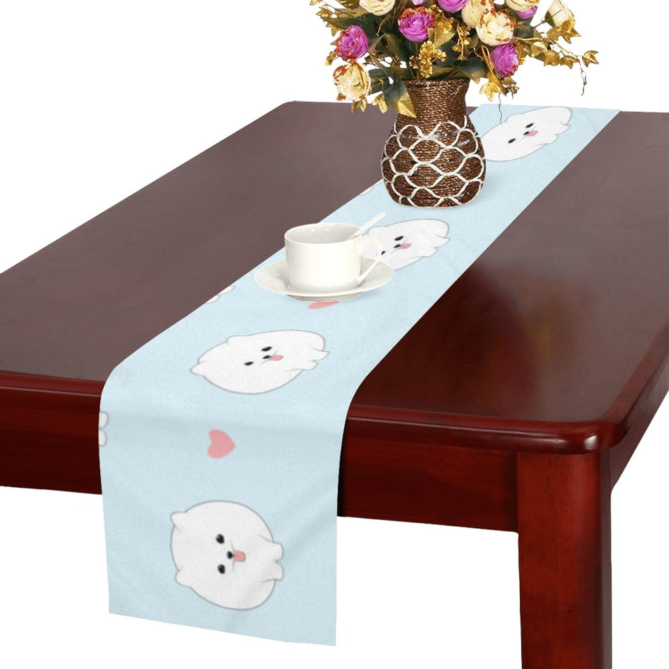 White cute pomeranian pattern Table Runner
