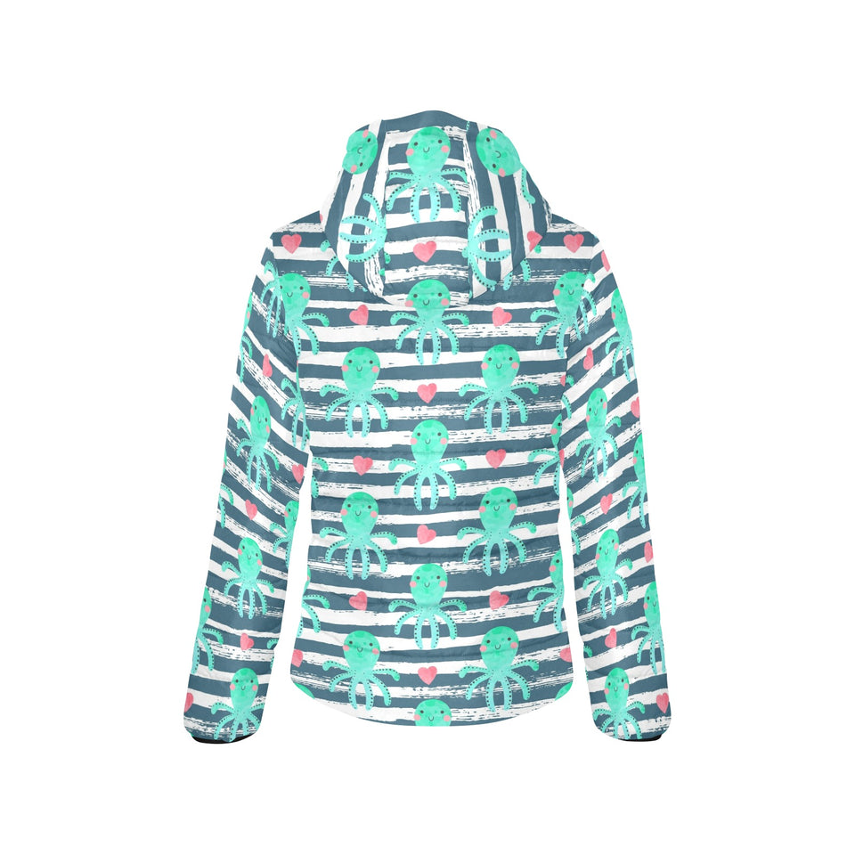 Cute octopuses heart striped background Women's Padded Hooded Jacket