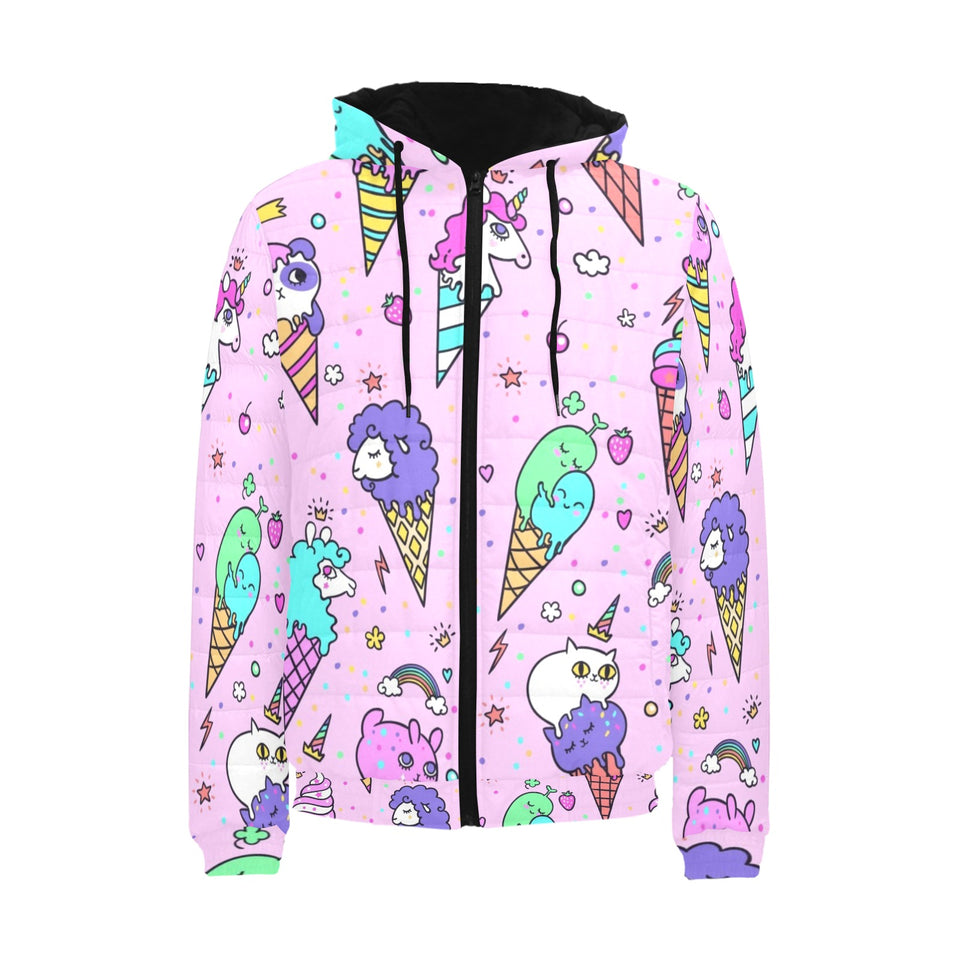 Cute ice cream cone animal pattern Men's Padded Hooded Jacket