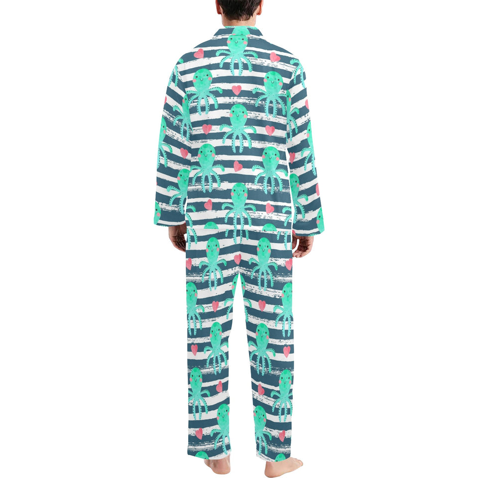 Cute octopuses heart striped background Men's Long Pajama Set