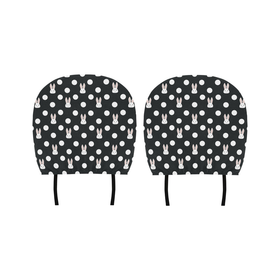 Cute white rabbit polka dots black background Car Headrest Cover