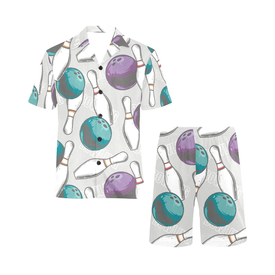 Bowling ball and pin gray background Men's V-Neck Short Pajama Set