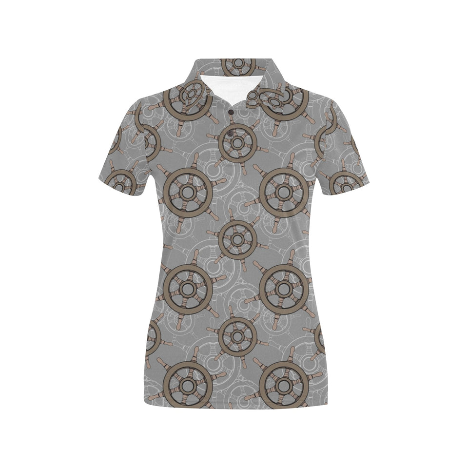 nautical wood steering wheel pattern Women's All Over Print Polo Shirt