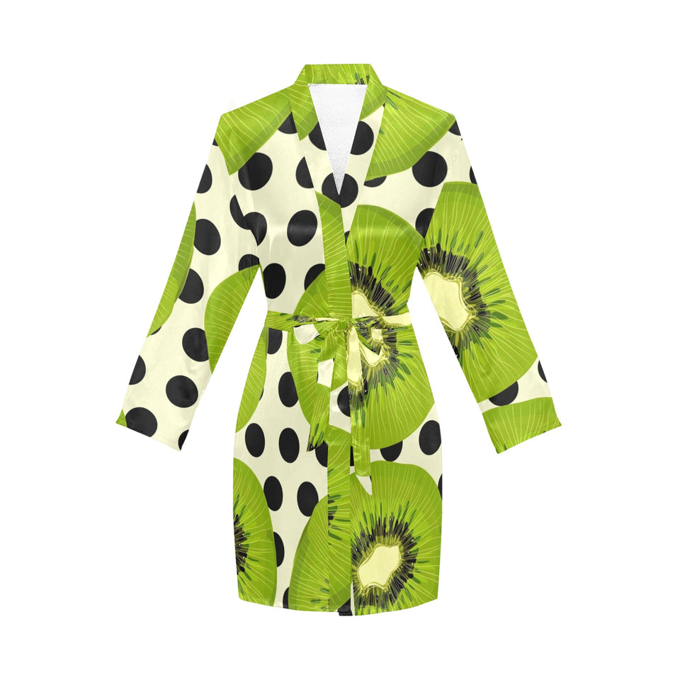 kiwi black dot background Women's Long Sleeve Belted Night Robe