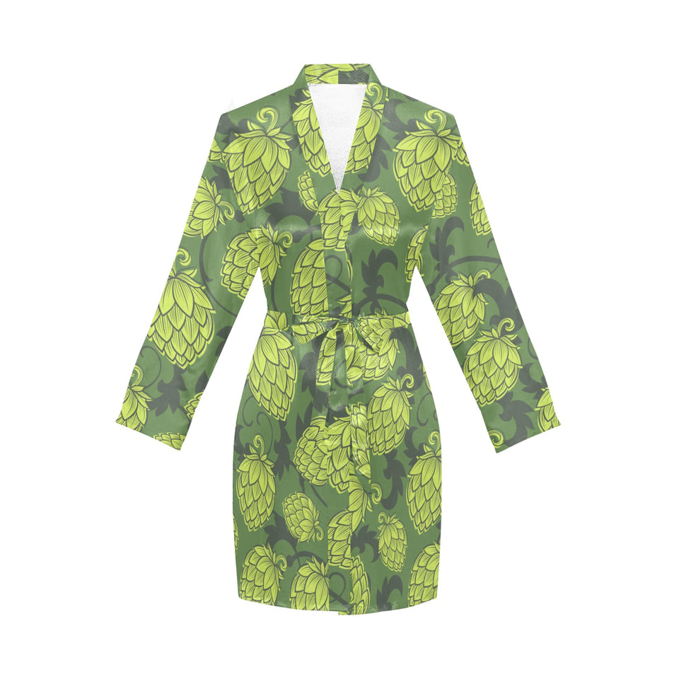 Hop pattern Hop cone background Women's Long Sleeve Belted Night Robe