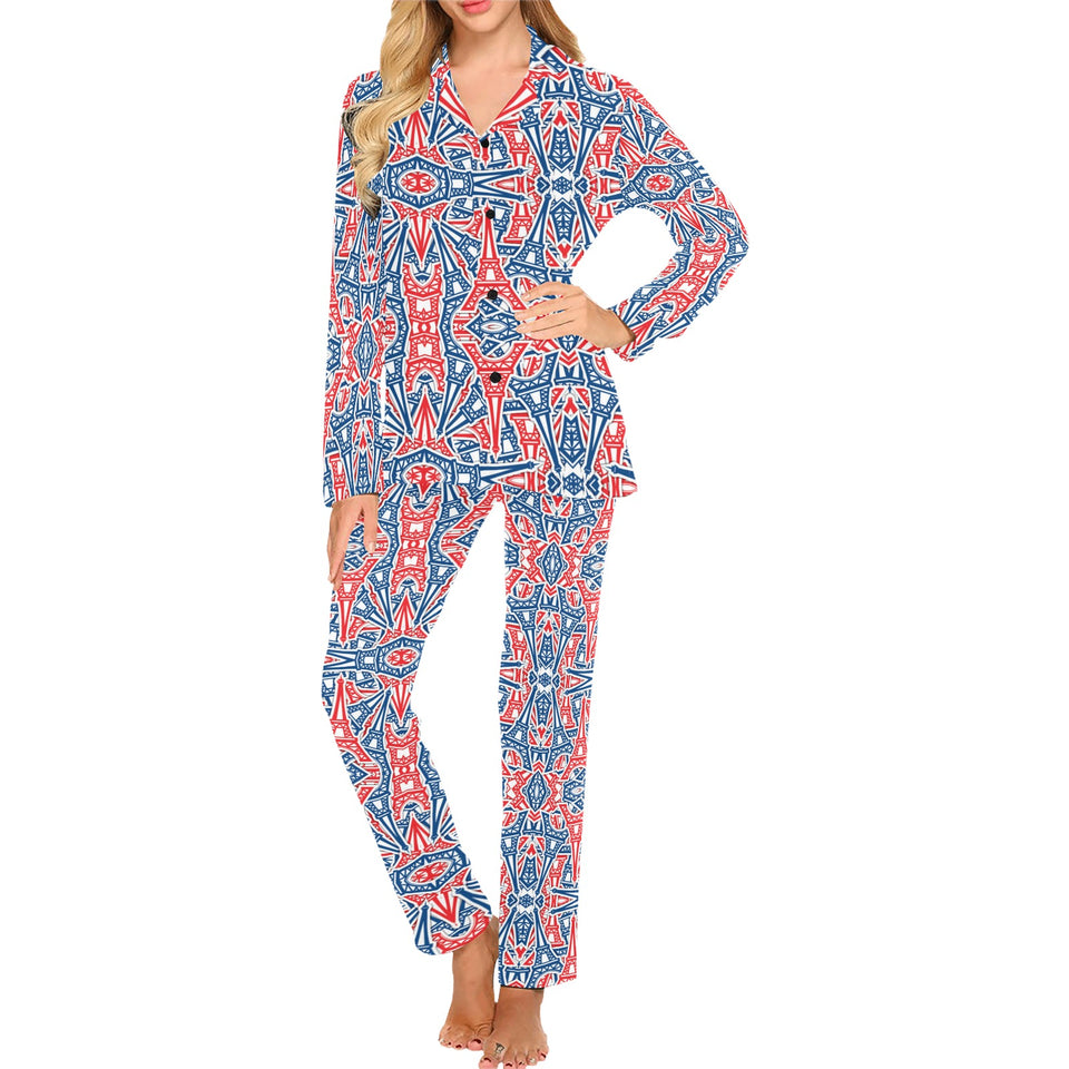 Blue Red Eiffel Tower Pattern Print Design 02 Women's Long Pajama Set