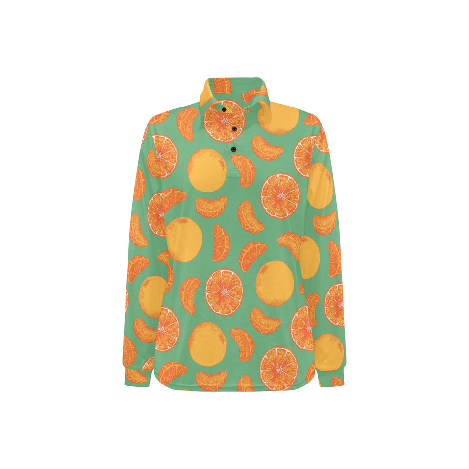 orange fruit pattern green background Women's Long Sleeve Polo Shirt