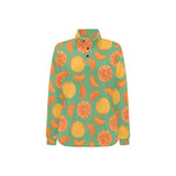 orange fruit pattern green background Women's Long Sleeve Polo Shirt