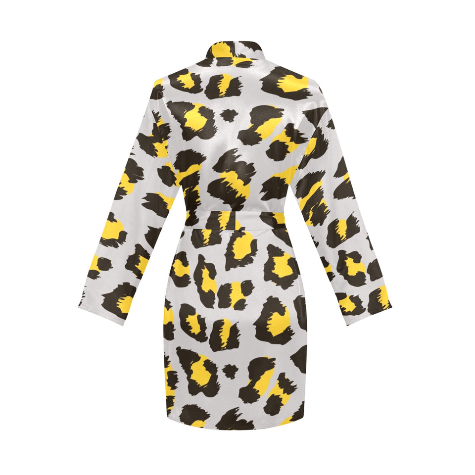 Gray Leopard print pattern Women's Long Sleeve Belted Night Robe