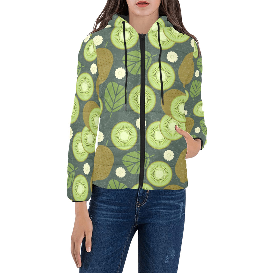 Whole sliced kiwi leave and flower Women's Padded Hooded Jacket