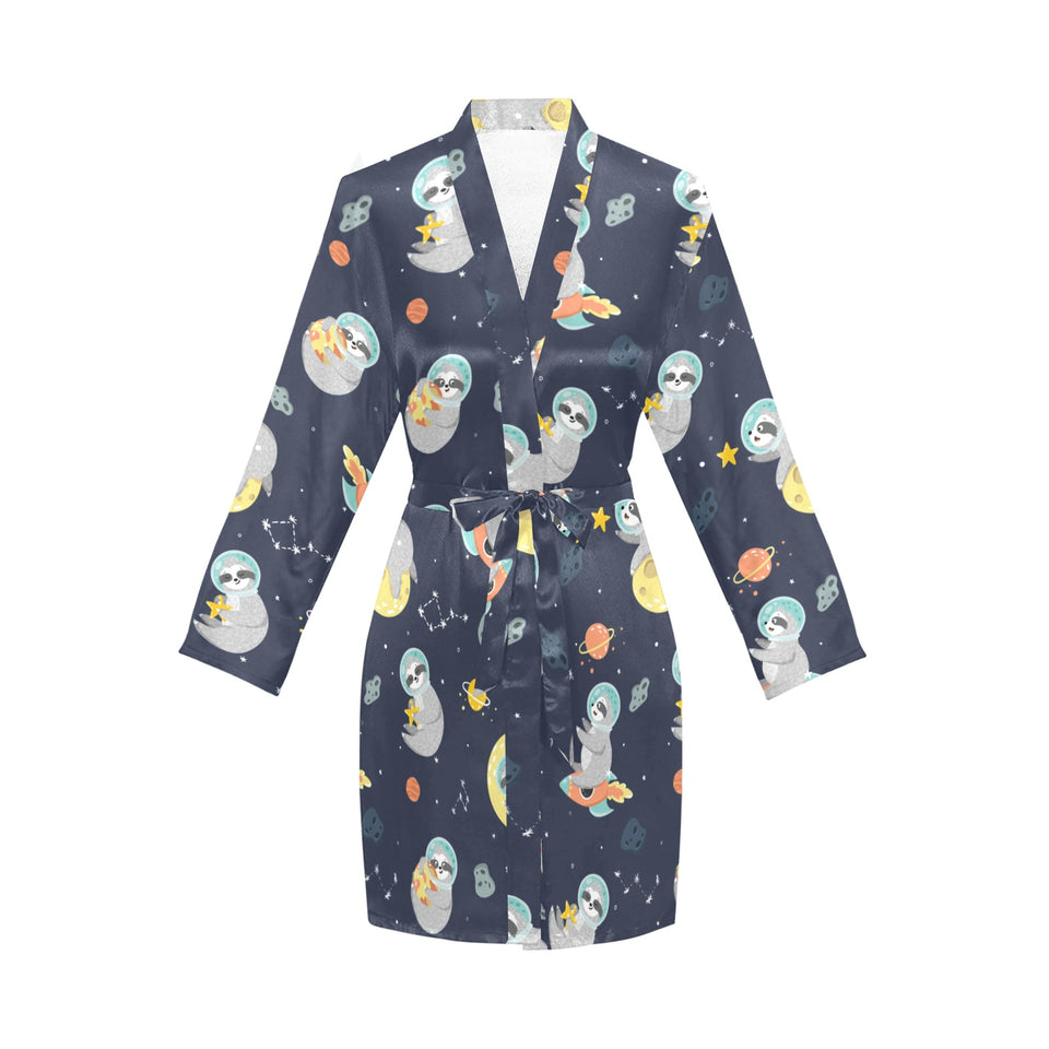 Cute sloth astronaut star planet rocket pattern Women's Long Sleeve Belted Night Robe