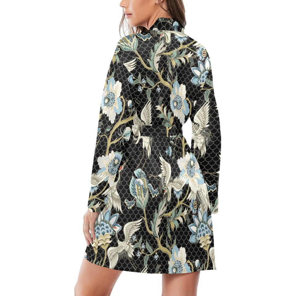 Japanese crane ornament elements Women's Long Sleeve Belted Night Robe