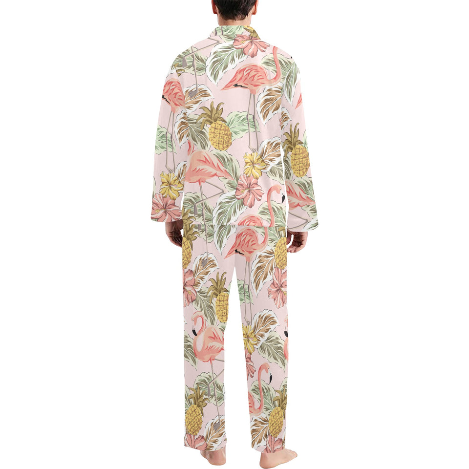 Pink flamingo birds pineapples hibiscus flower pat Men's Long Pajama Set