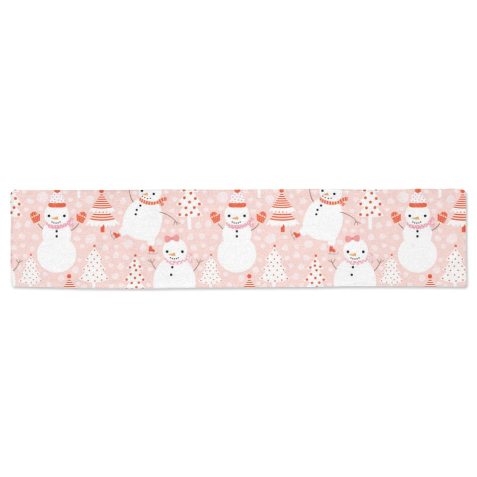 Cute snowman christmas tree snowpink background Table Runner