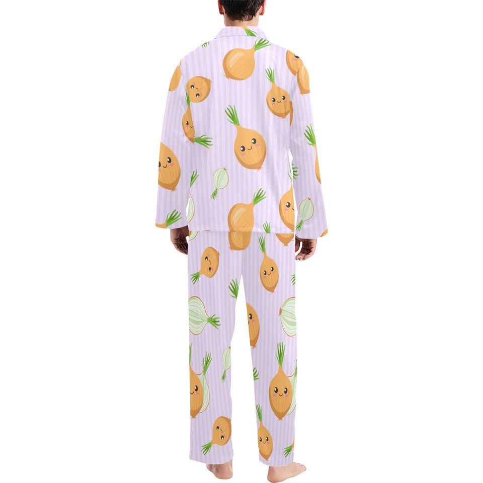 cute onions smiling faces purple background Men's Long Pajama Set
