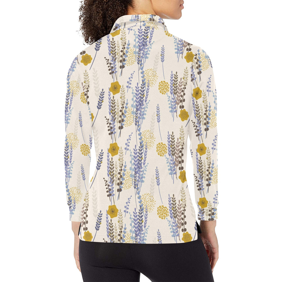 Lavender modern pattern blackground Women's Long Sleeve Polo Shirt