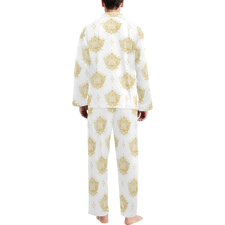 Gold Ornamental lotue waterlily symbol pattern Men's Long Pajama Set