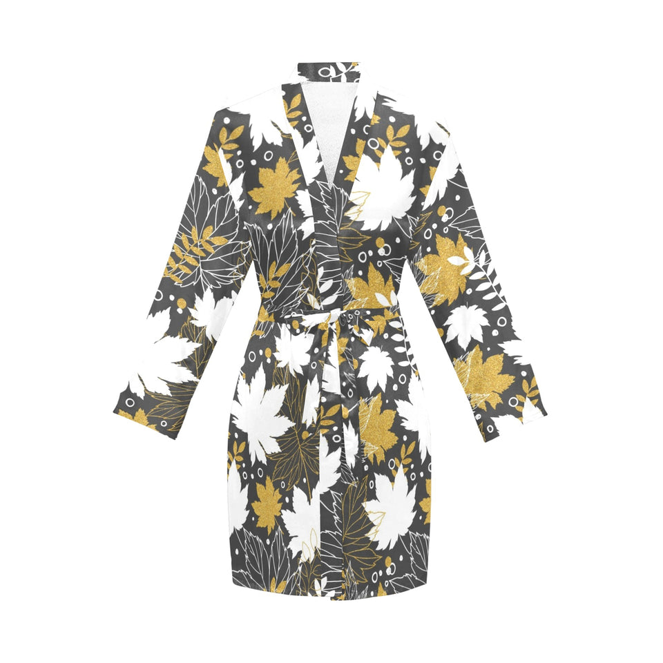 Beautiful gold autumn maple leaf pattern Women's Long Sleeve Belted Night Robe