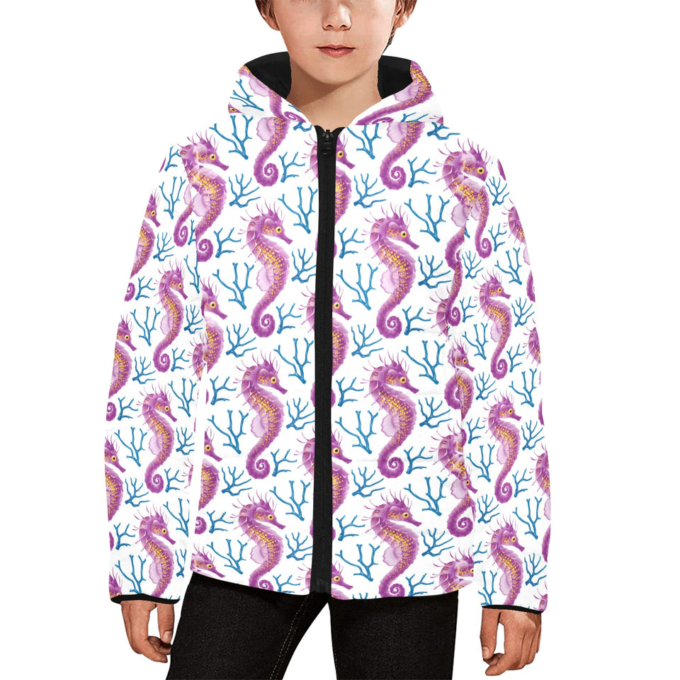 Purple seahorse blue coral pattern Kids' Boys' Girls' Padded Hooded Jacket