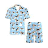 Beagle dog blue background pattern Men's V-Neck Short Pajama Set