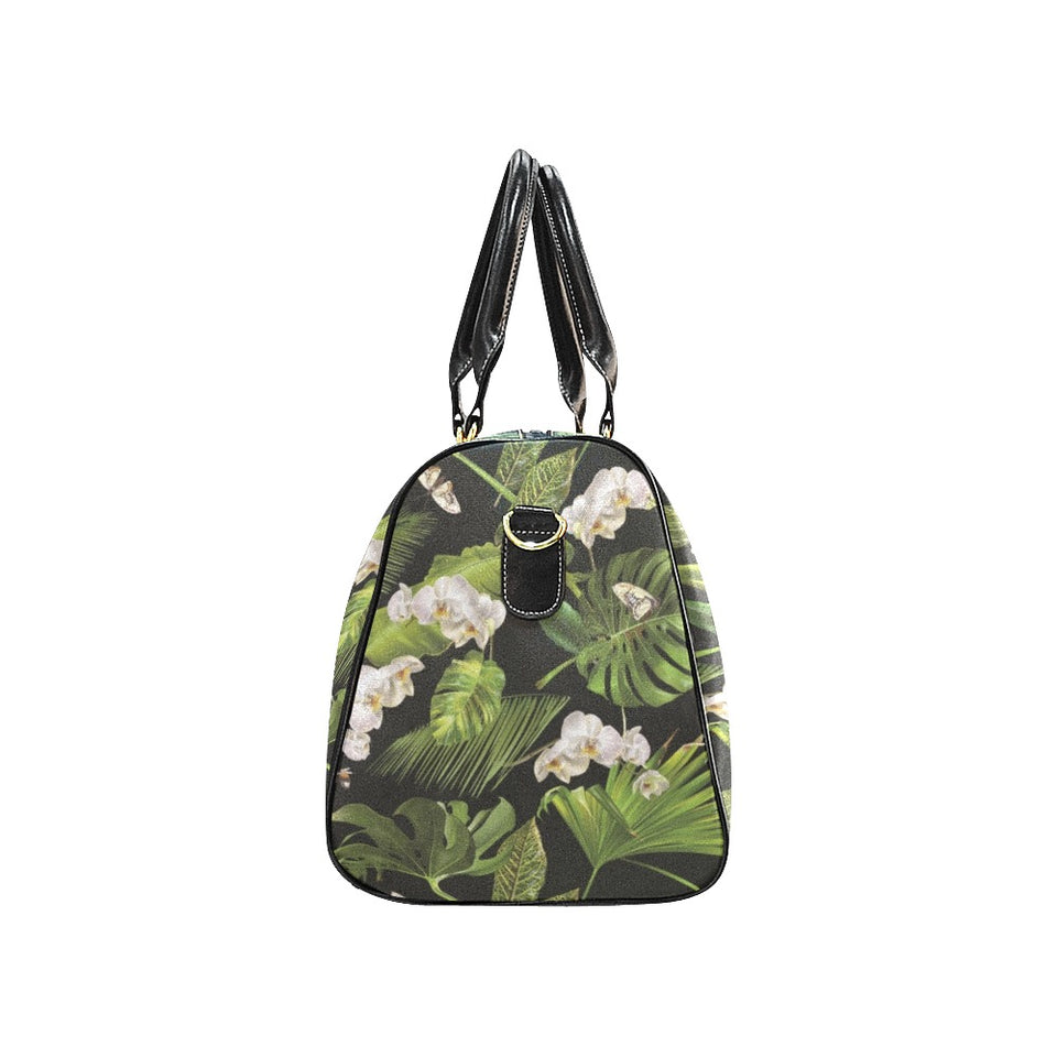 White orchid flower tropical leaves pattern blackg Travel Bag