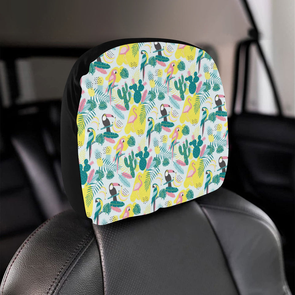 Cute parrot toucan flamingo cactus exotic leaves p Car Headrest Cover