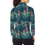 heliconia flowers, palm and monstera leaves on bla Women's Long Sleeve Polo Shirt