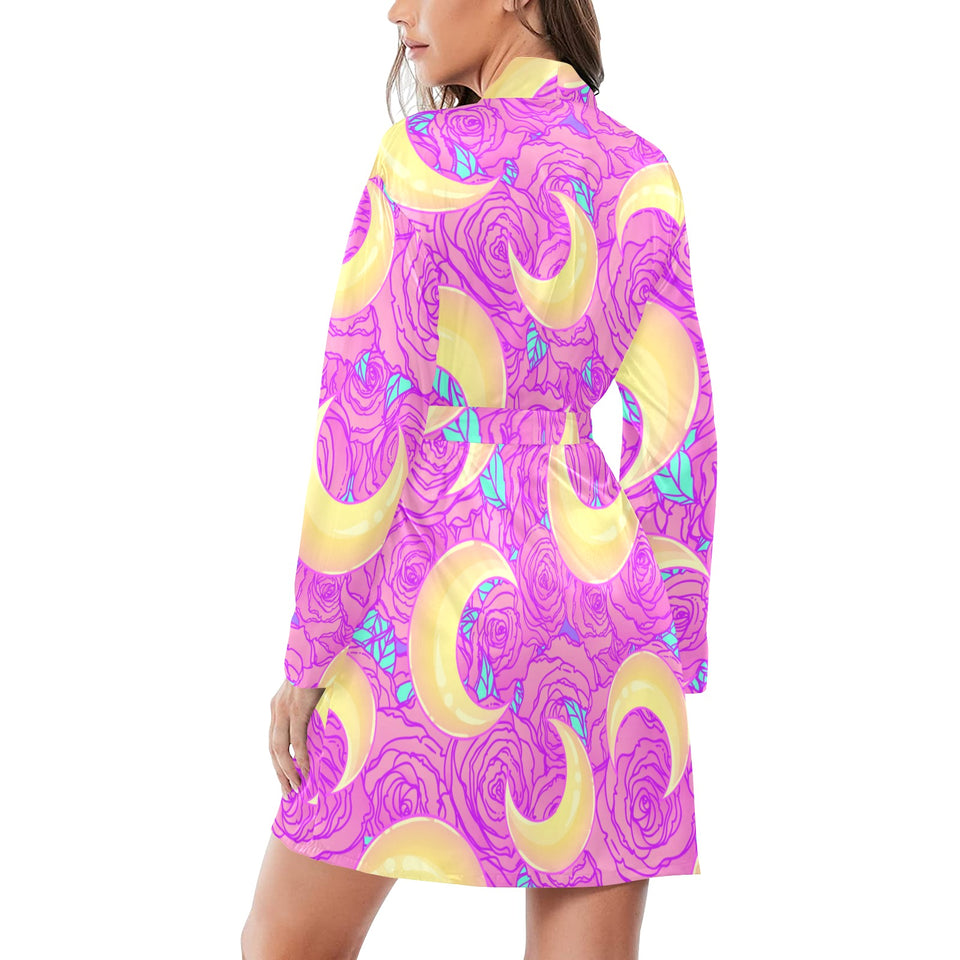 Moon pink rose background Women's Long Sleeve Belted Night Robe