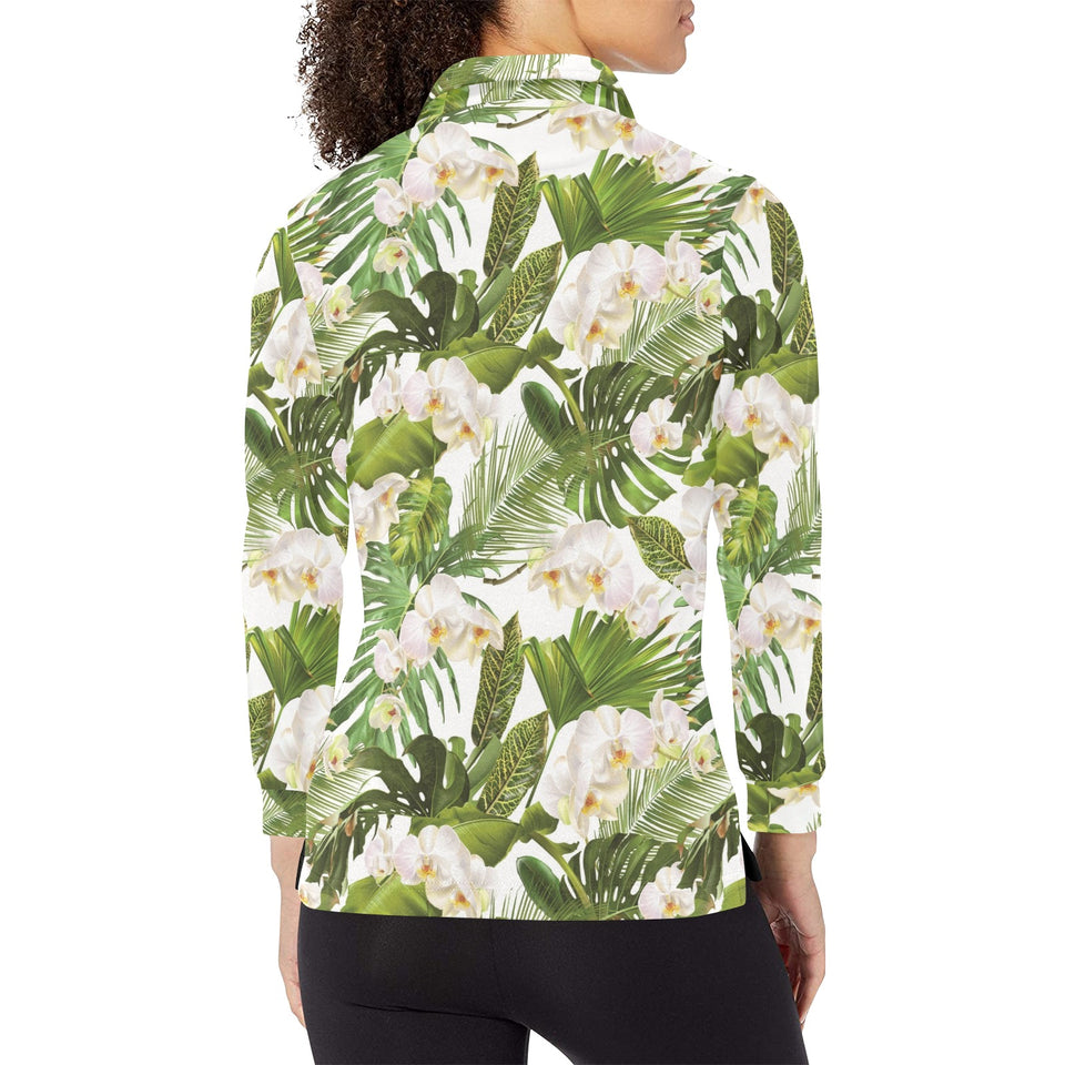 White orchid flower tropical leaves pattern Women's Long Sleeve Polo Shirt