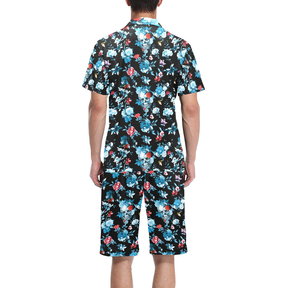 Skull flower roses leave pattern Men's V-Neck Short Pajama Set