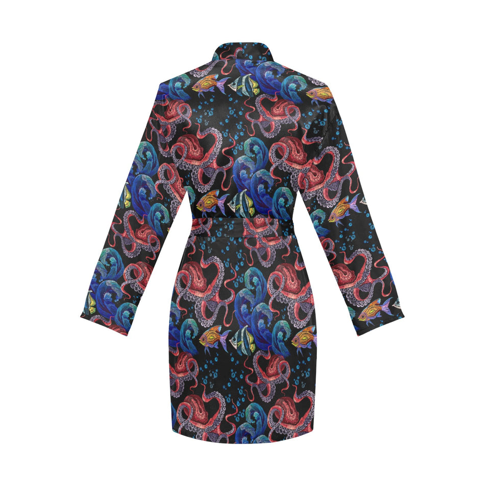 Octopus sea wave tropical fishe pattern Women's Long Sleeve Belted Night Robe