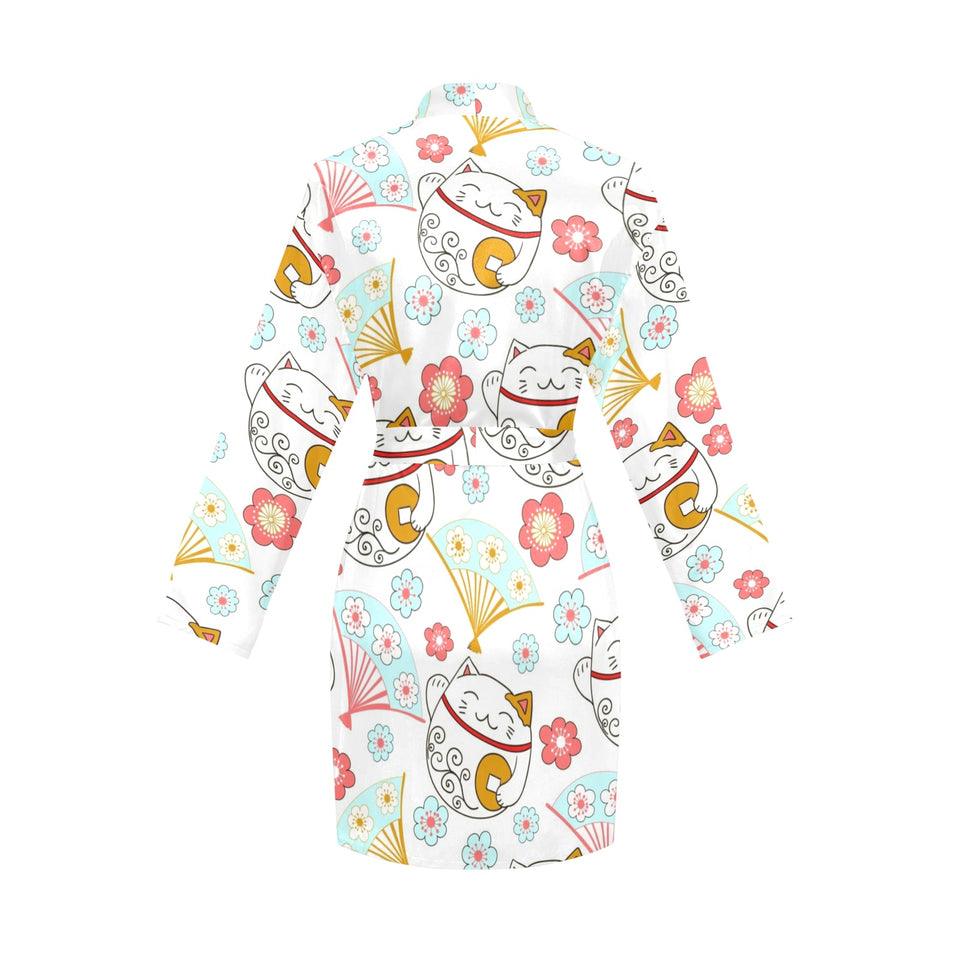 Maneki neko cat fan sakura Women's Long Sleeve Belted Night Robe
