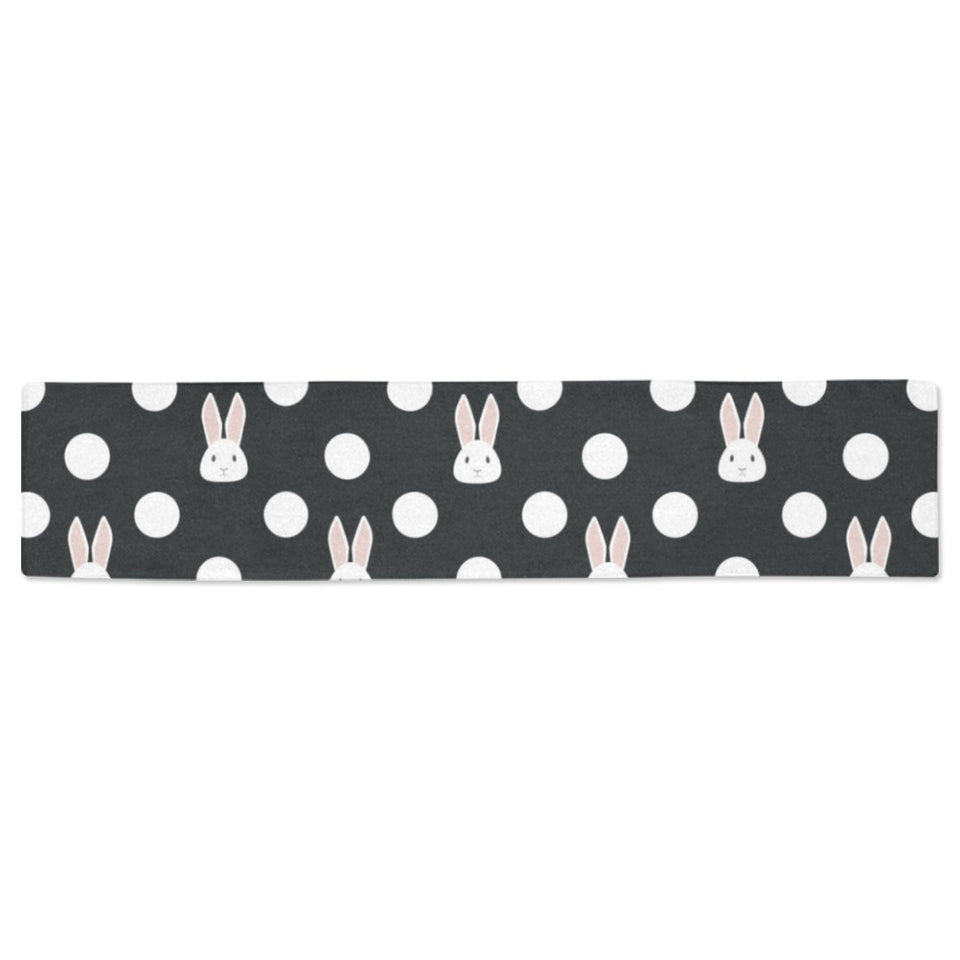 Cute white rabbit polka dots black background Table Runner