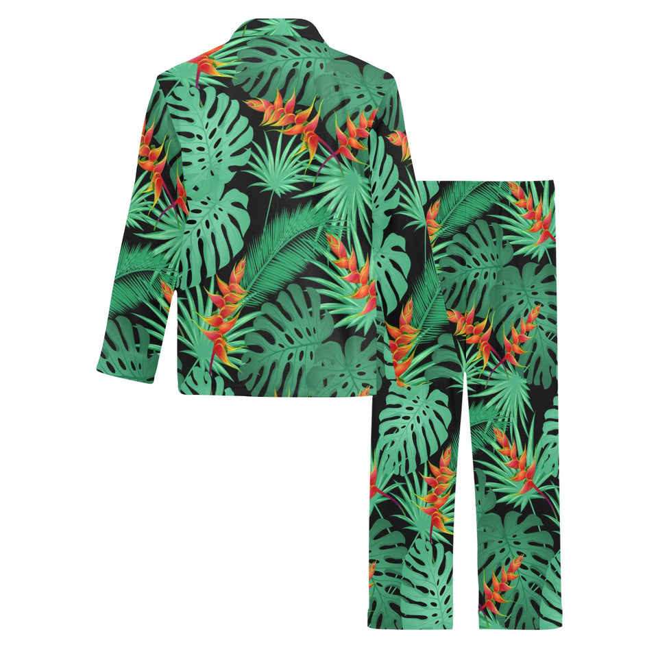 heliconia flower palm monstera leaves black backgr Men's Long Pajama Set