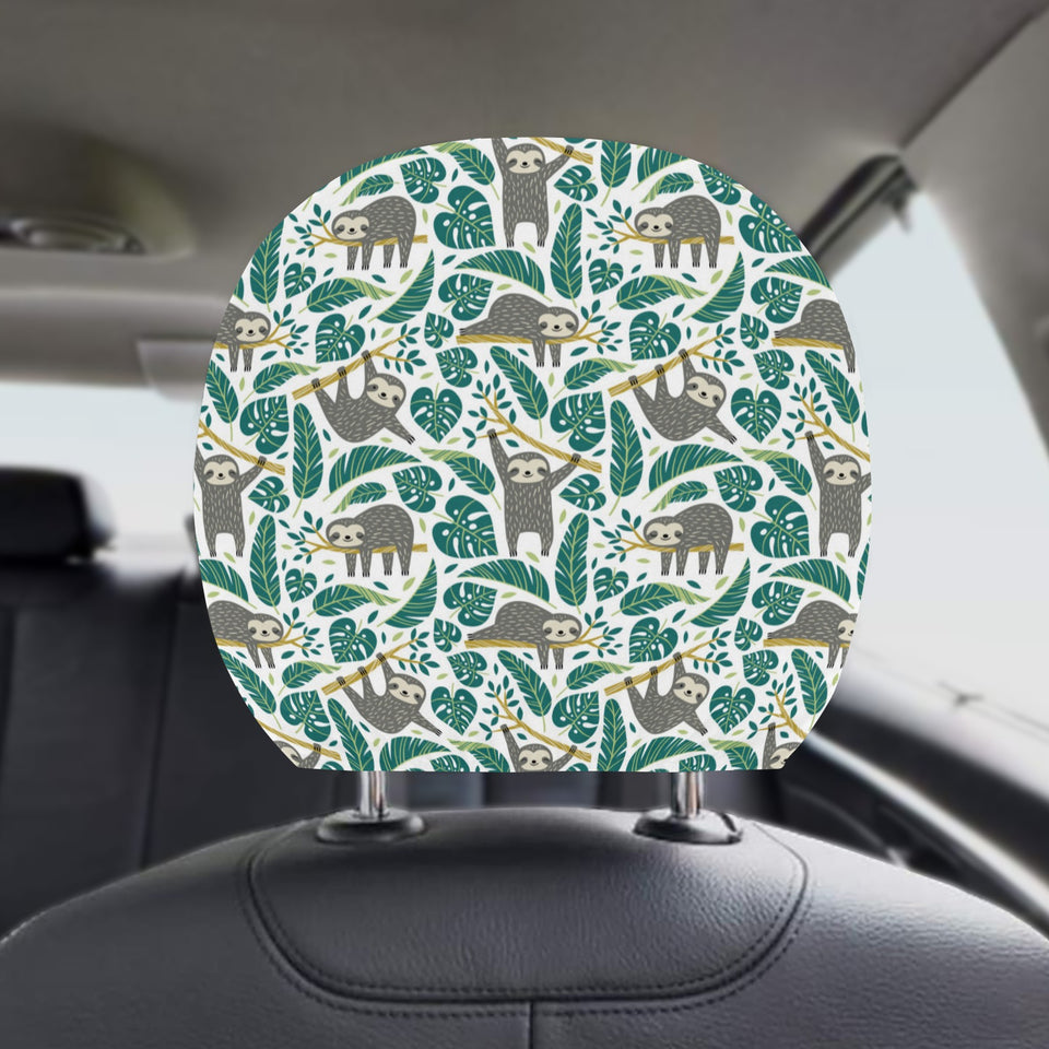 Cute sloths tropical palm leaves white background Car Headrest Cover